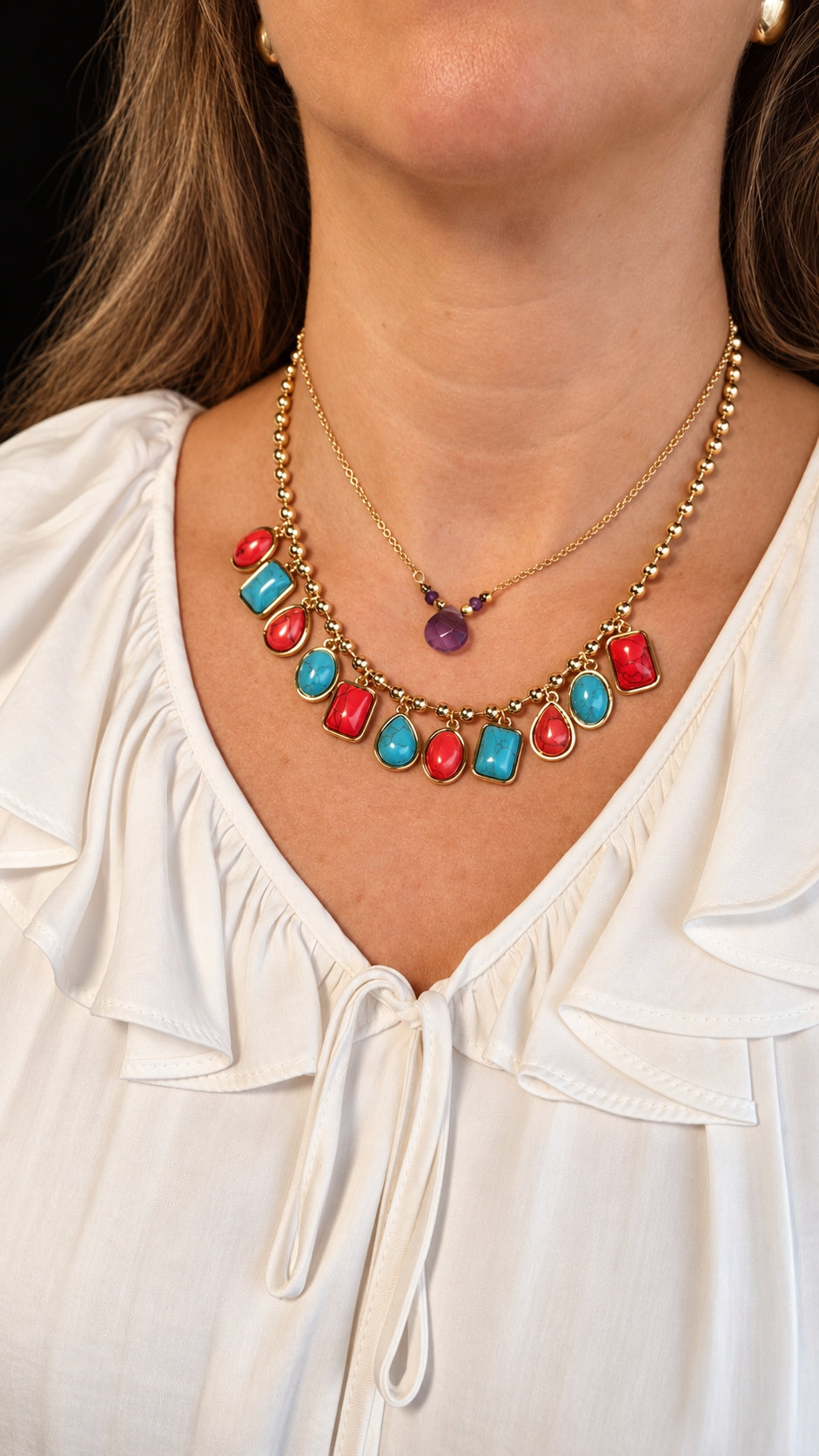 Colar Feminino Duplo com Turquesa e Coral Banhado a Ouro - foto 2