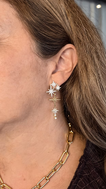 Brinco Feminino Longo Cascata De Estrelas Com Zircônias
