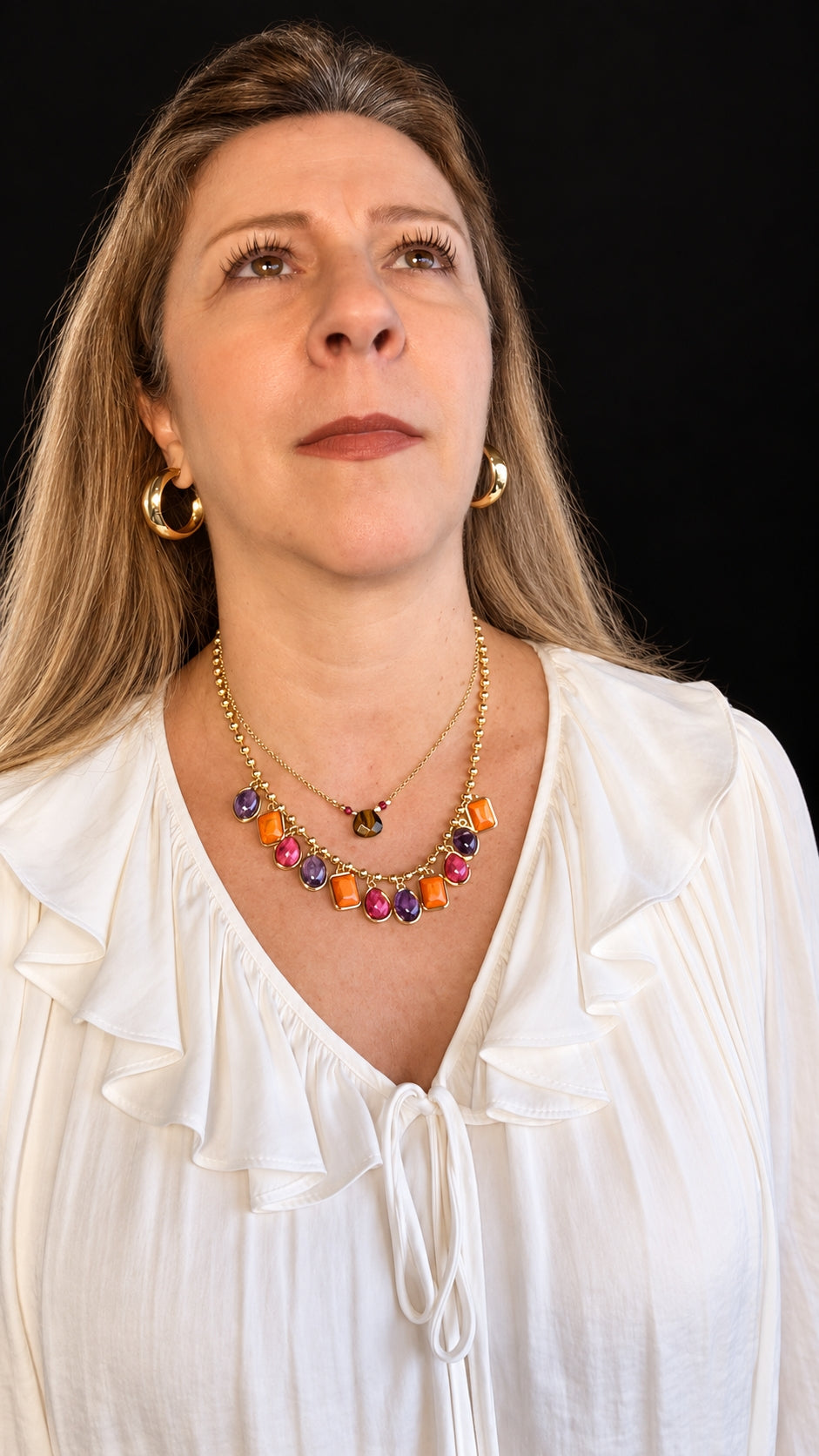 Colar Feminino Duplo com Olho de Tigre Ametista Howlita Laranja e Coral - foto 2