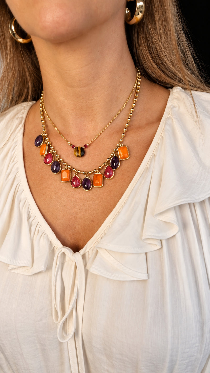 Colar Feminino Duplo Dourado com Olho de Tigre, Ametista, Howlita e Coral