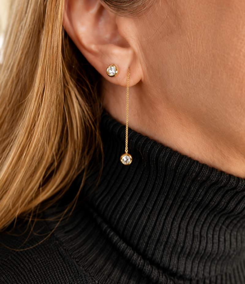 Brinco Feminino Longo Dourado com Zircônia – Locket