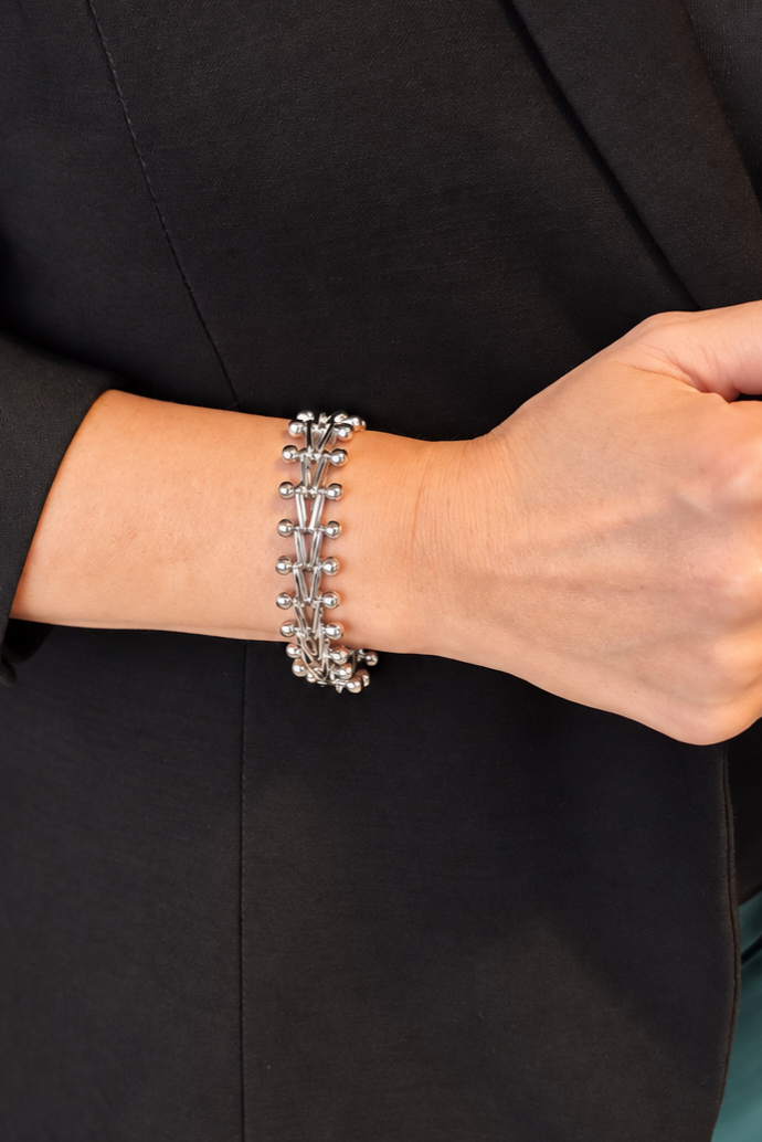 Pulseira Feminina em Ródio Branco Statement com Hastes e Esferas - foto 2