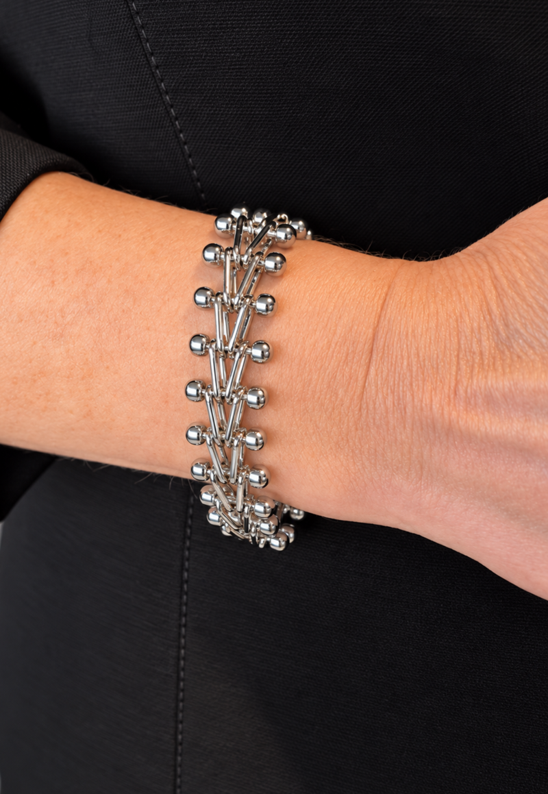 Pulseira Feminina Statement em Ródio Branco com Hastes e Esferas – Sculpt