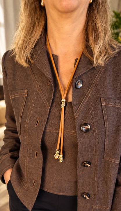 COLAR FEMININO LONGO DE COURO COM PASSADOR AJUSTÁVEL